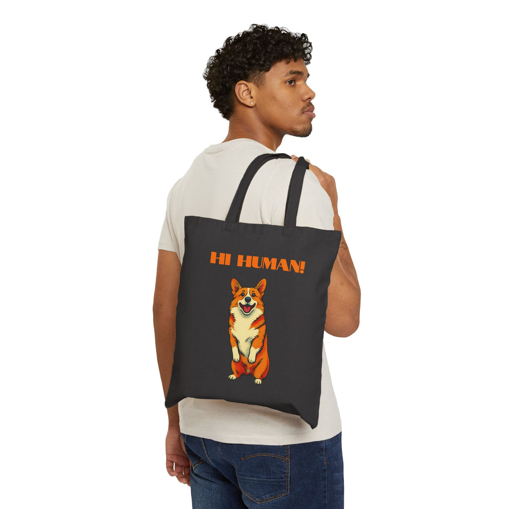 Tote Bag — Cute Corgi 'Hi Human!' Cotton Canvas Shopper
