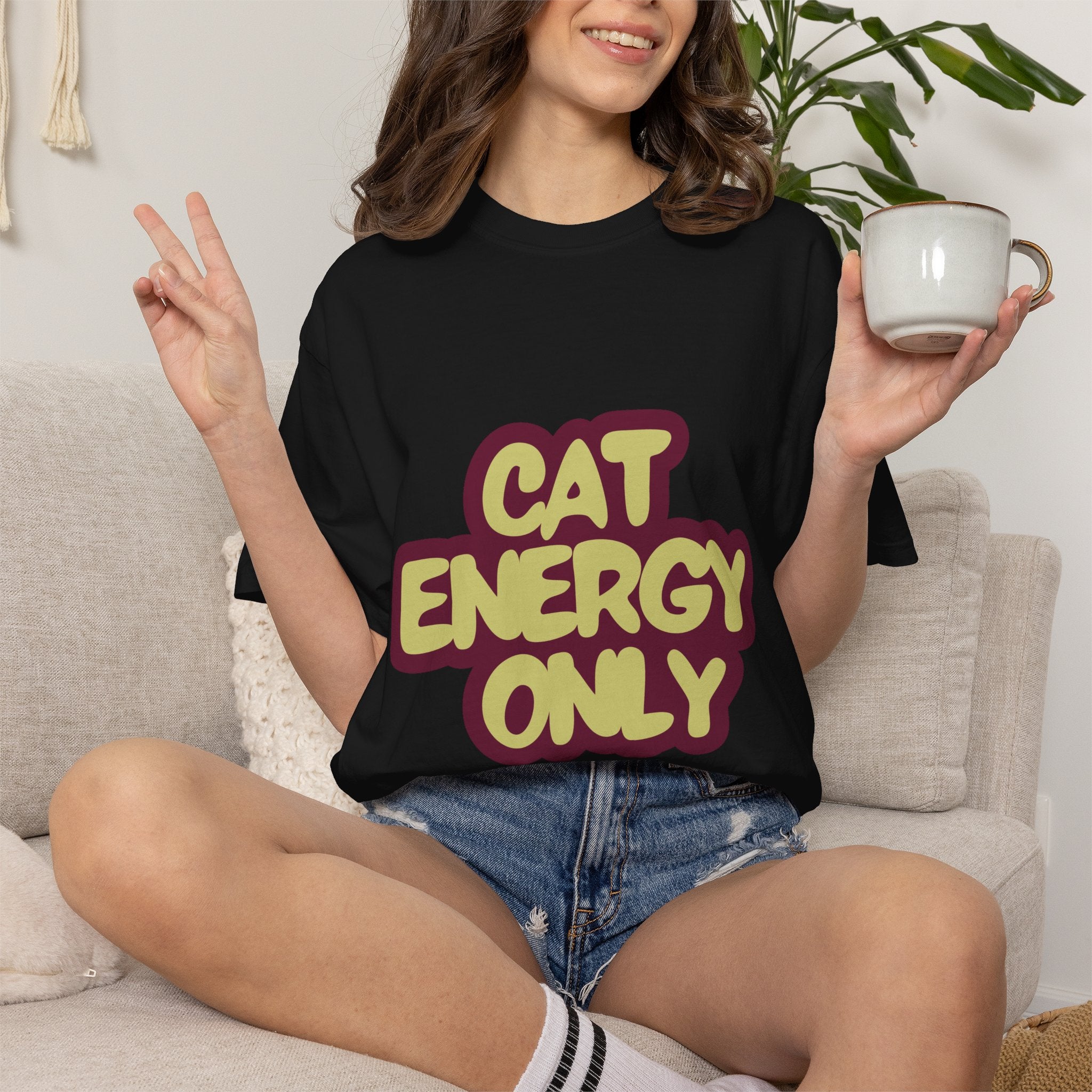 Cat Energy Only T-Shirt | Funny Retro Cat Lover Tee | Cozy Garment-Dyed Cat Mom Graphic Shirt