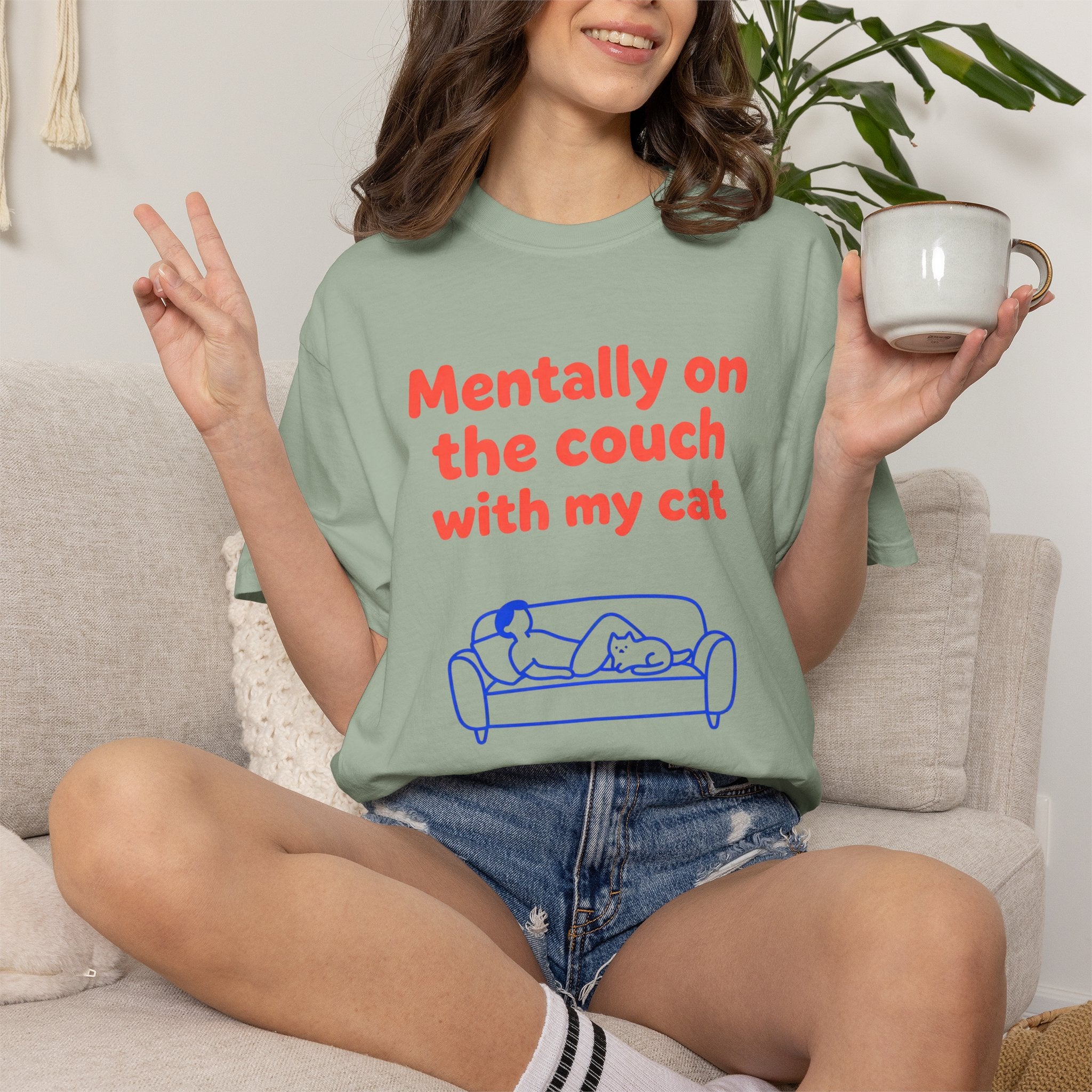 Mentally on the Couch with My Cat T-Shirt — Funny Cat Lover Tee