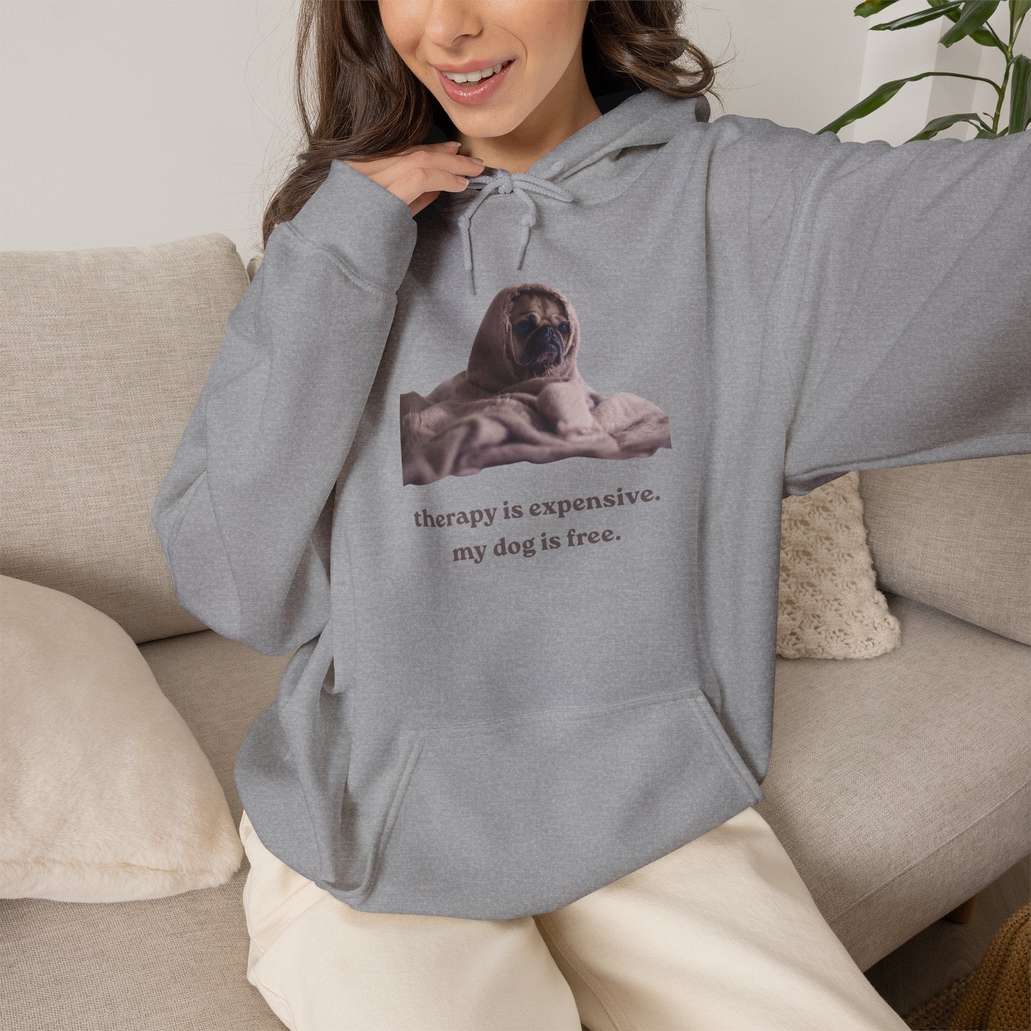 Dog Therapy Hoodie — "Therapy is expensive. My dog is free." Cozy Pet Lover Sweatshirt