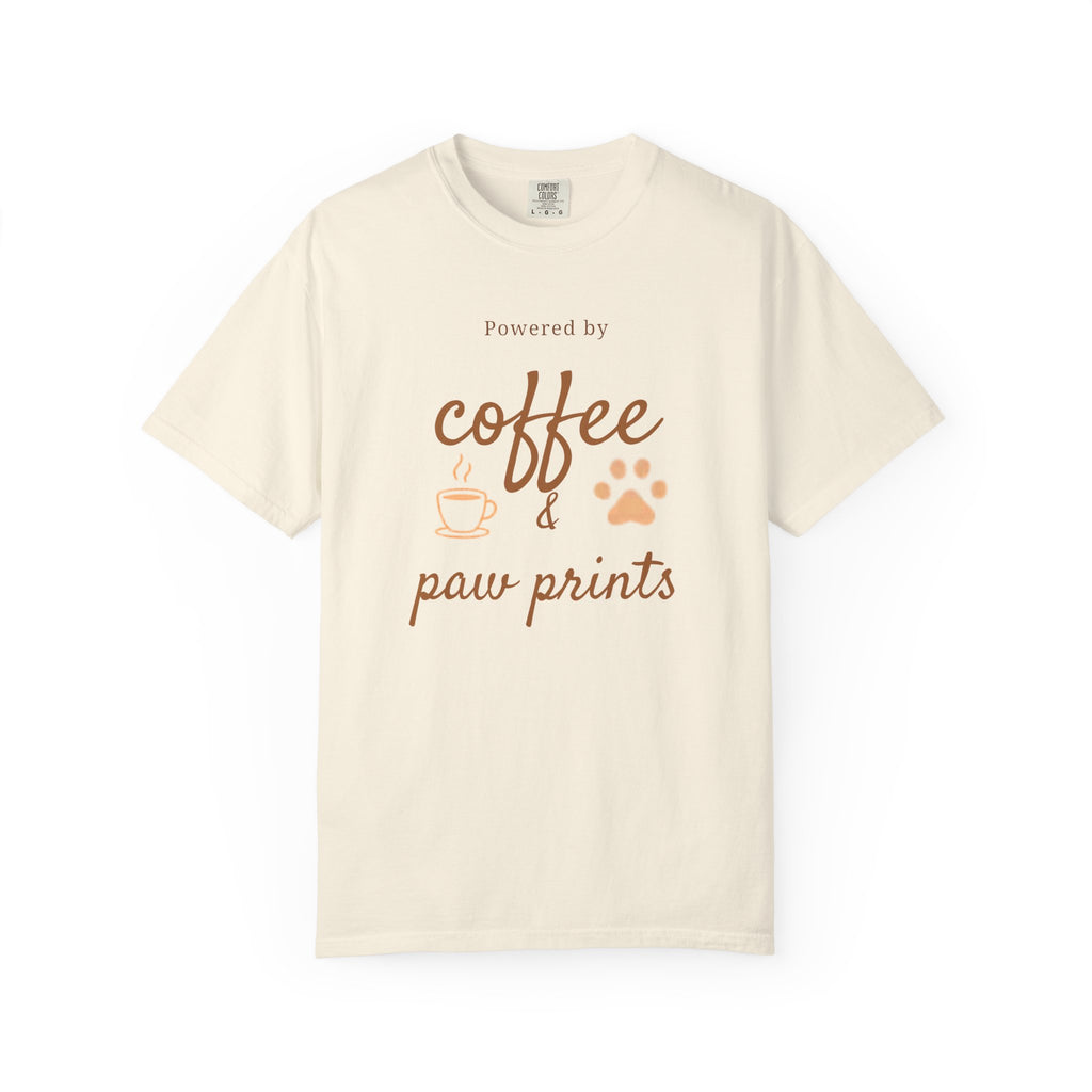 Coffee & Paw Prints T-Shirt — "Powered by Coffee & Paw Prints" Pet Lover Tee