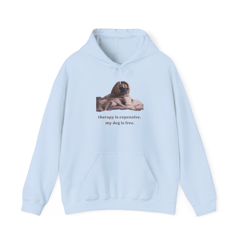 Dog Therapy Hoodie — "Therapy is expensive. My dog is free." Cozy Pet Lover Sweatshirt