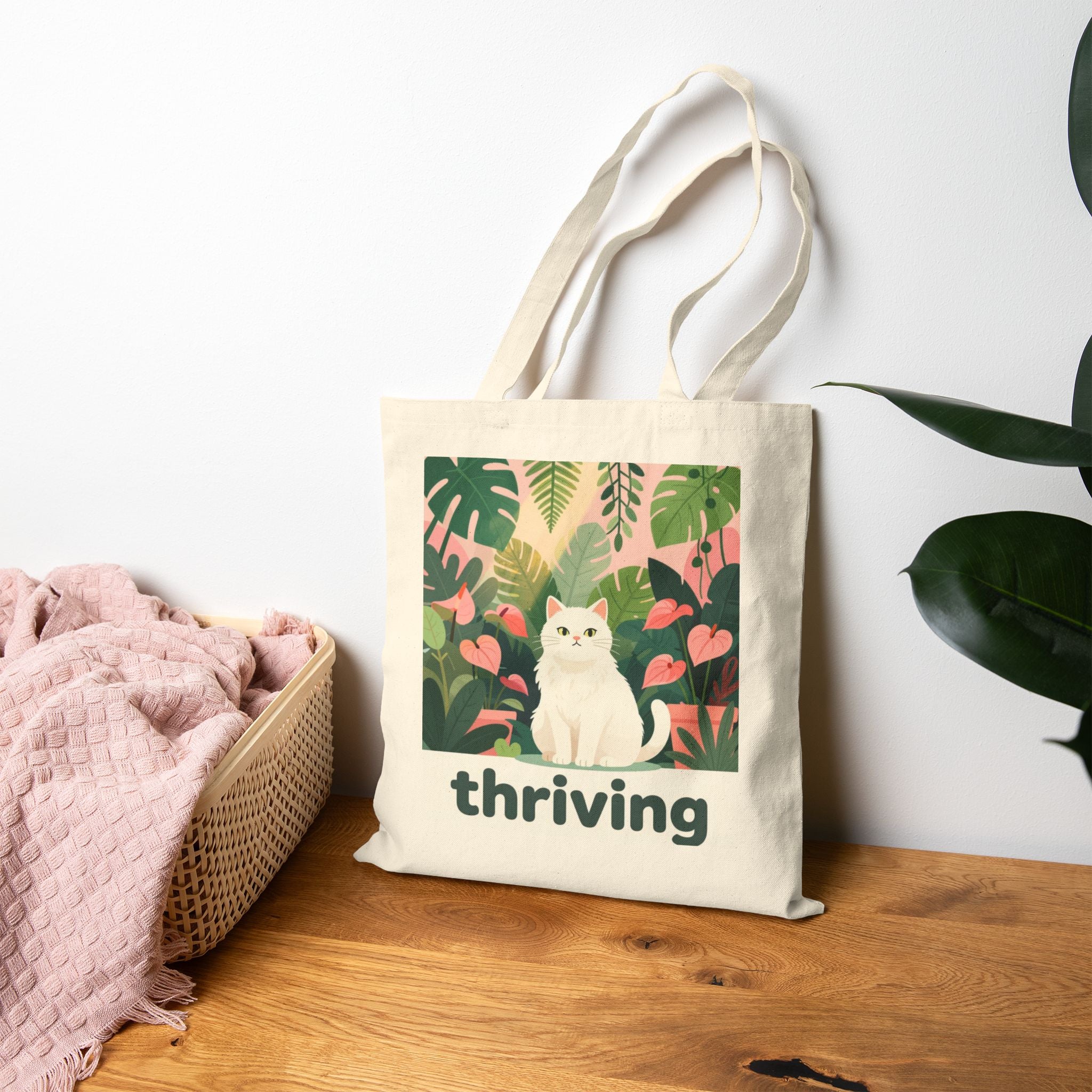 Tote Bag — 'Thriving' Cat in Tropical Garden Canvas Tote