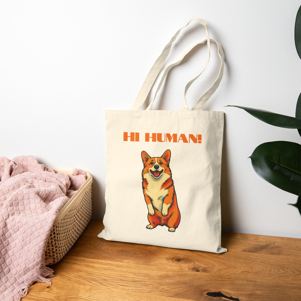 Tote Bag — Cute Corgi 'Hi Human!' Cotton Canvas Shopper