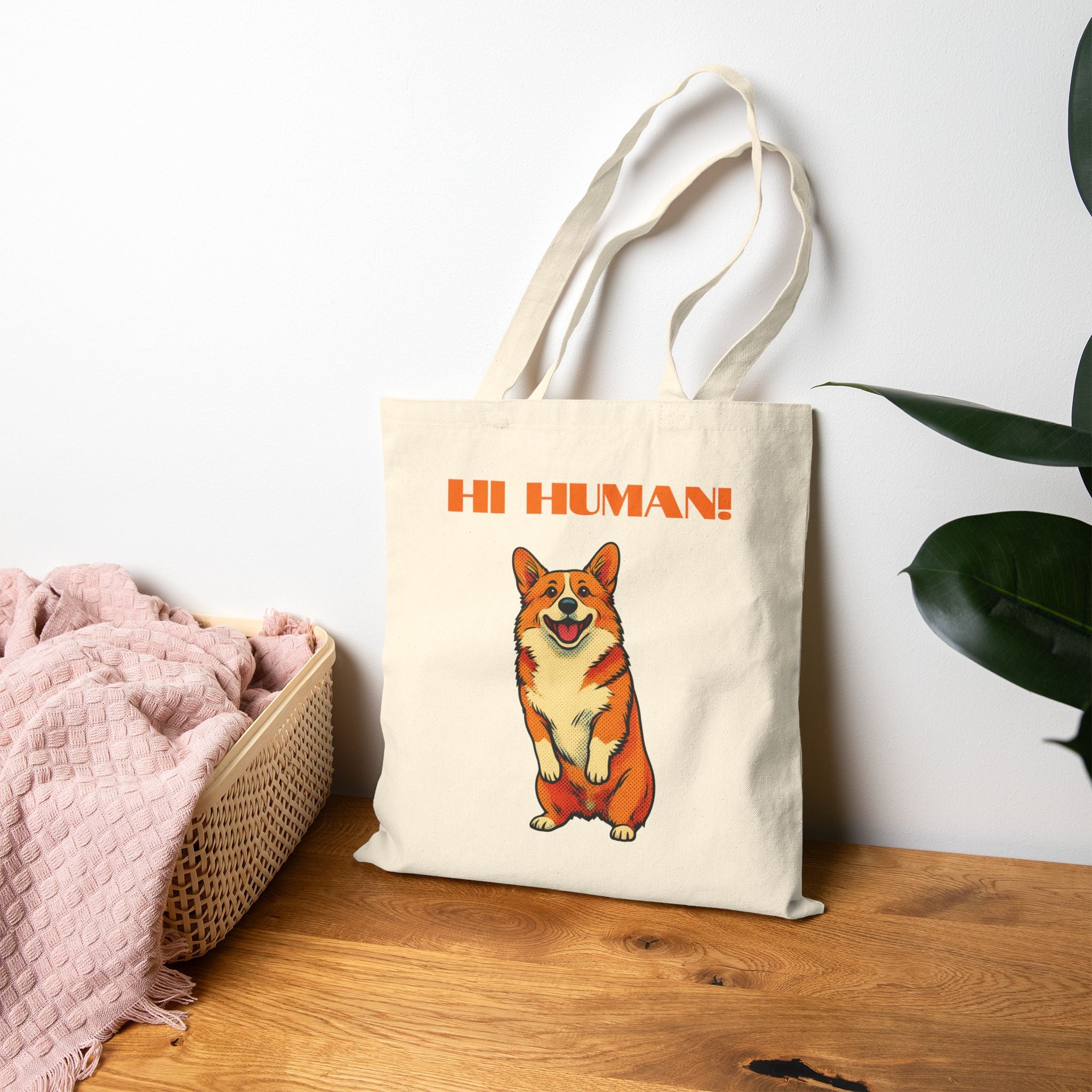 Tote Bag — Cute Corgi 'Hi Human!' Cotton Canvas Shopper