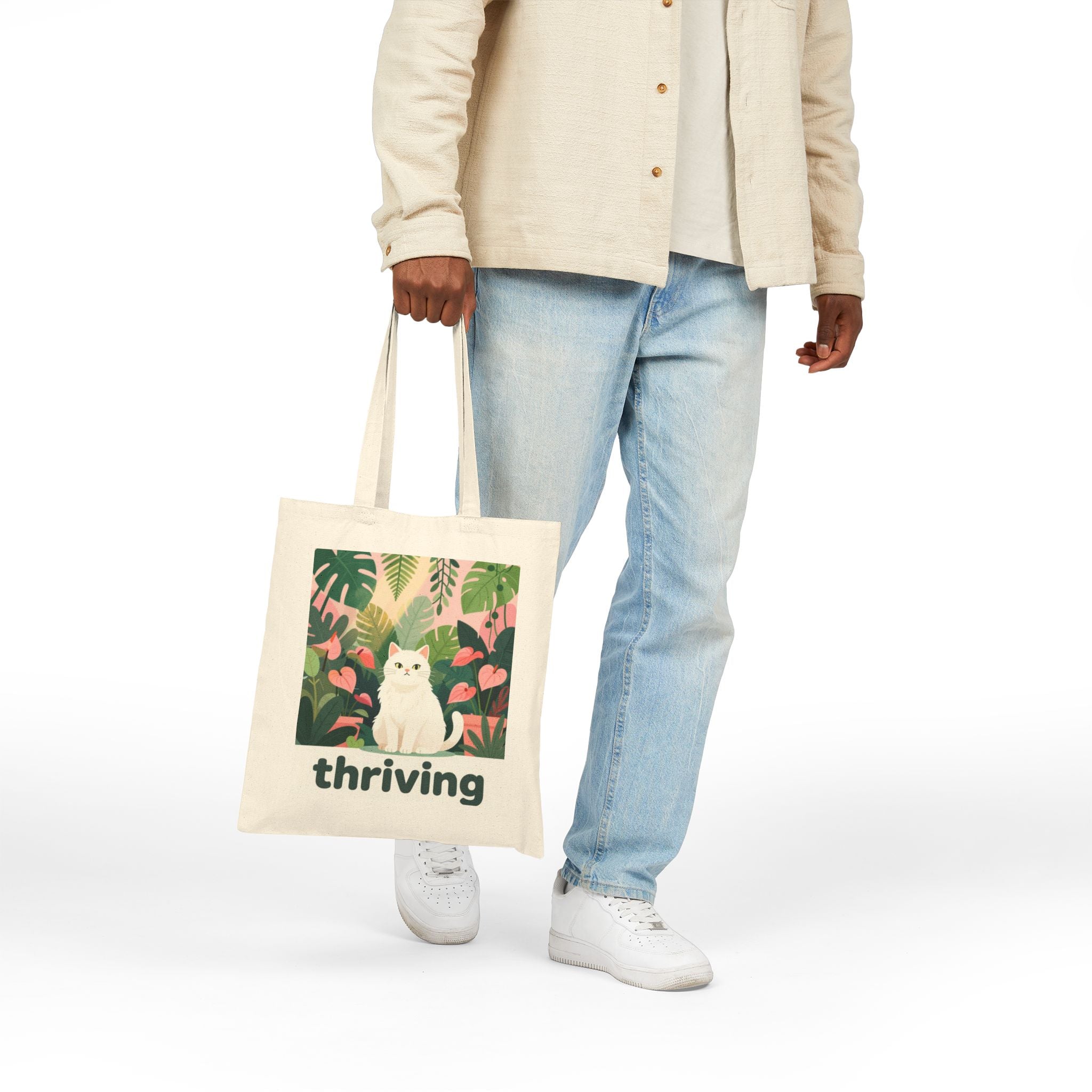 Tote Bag — 'Thriving' Cat in Tropical Garden Canvas Tote