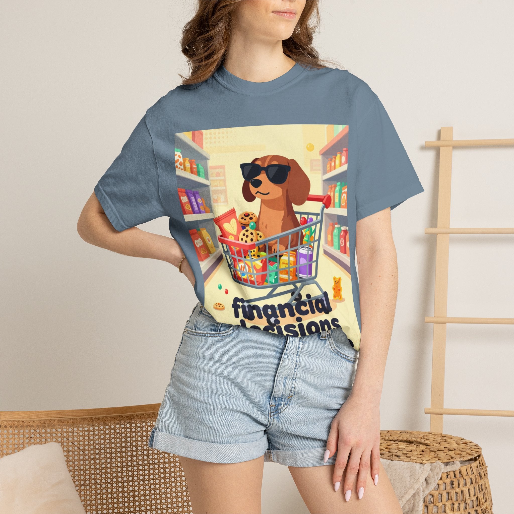Dog with Shopping Cart T-Shirt — “Financial Decisions Were Made” Funny Graphic Tee