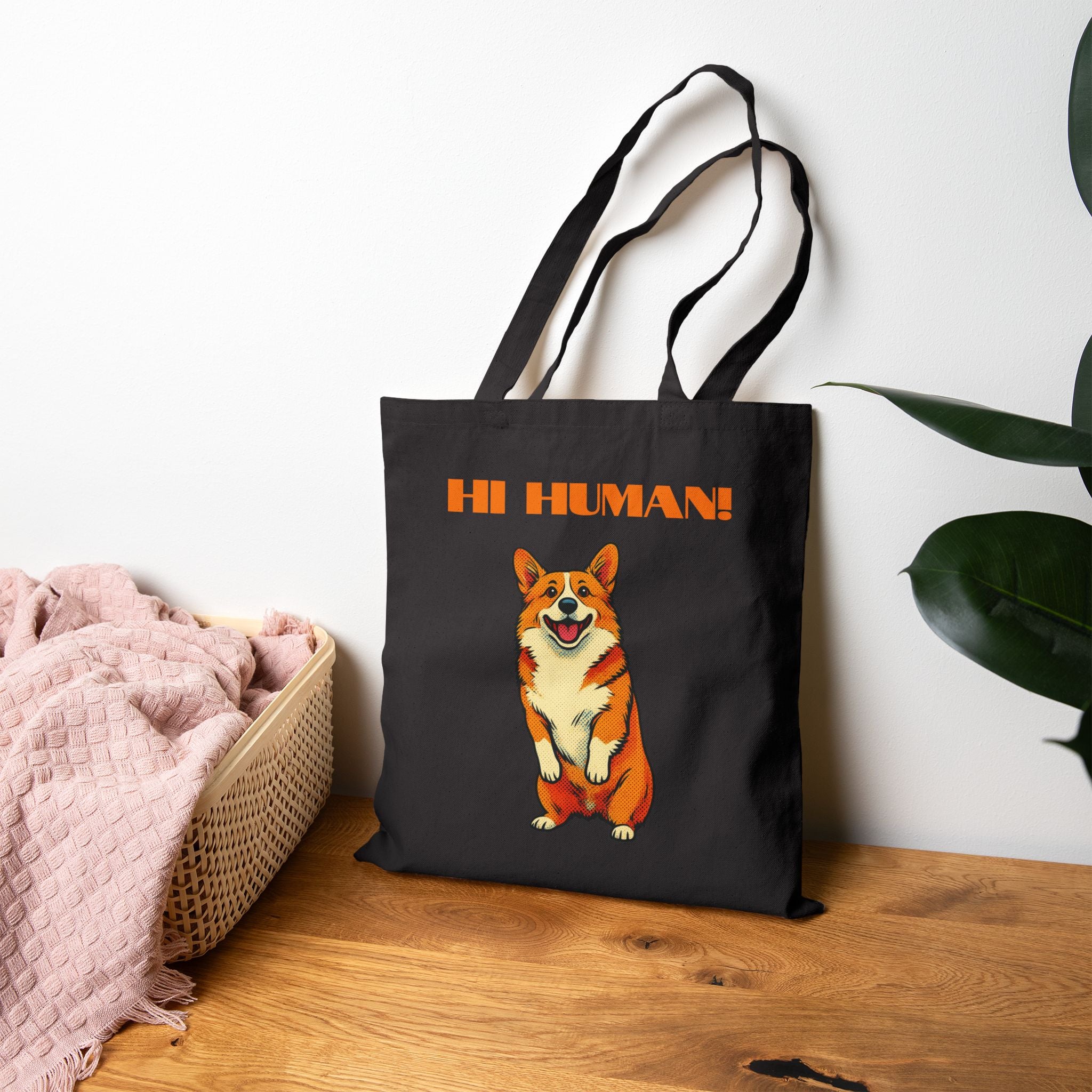Tote Bag — Cute Corgi 'Hi Human!' Cotton Canvas Shopper