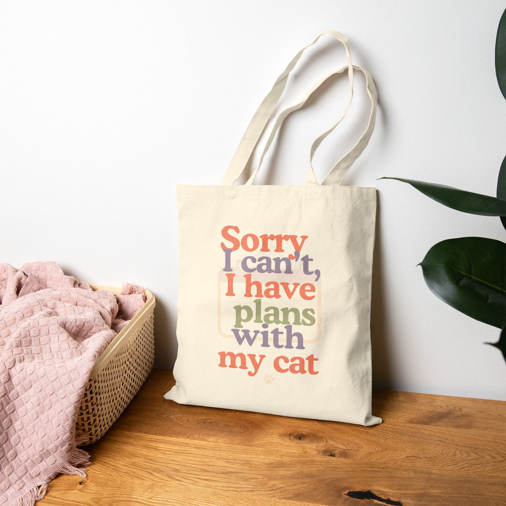 Tote Bag — “Sorry I can’t, I have plans with my cat” Canvas Cat Lover Tote