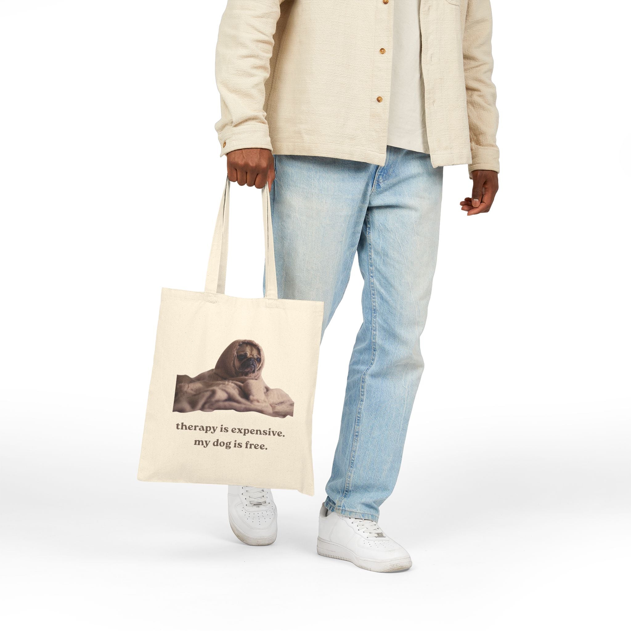 Pug Lover Tote Bag — "therapy is expensive. my dog is free." Cotton Canvas Tote