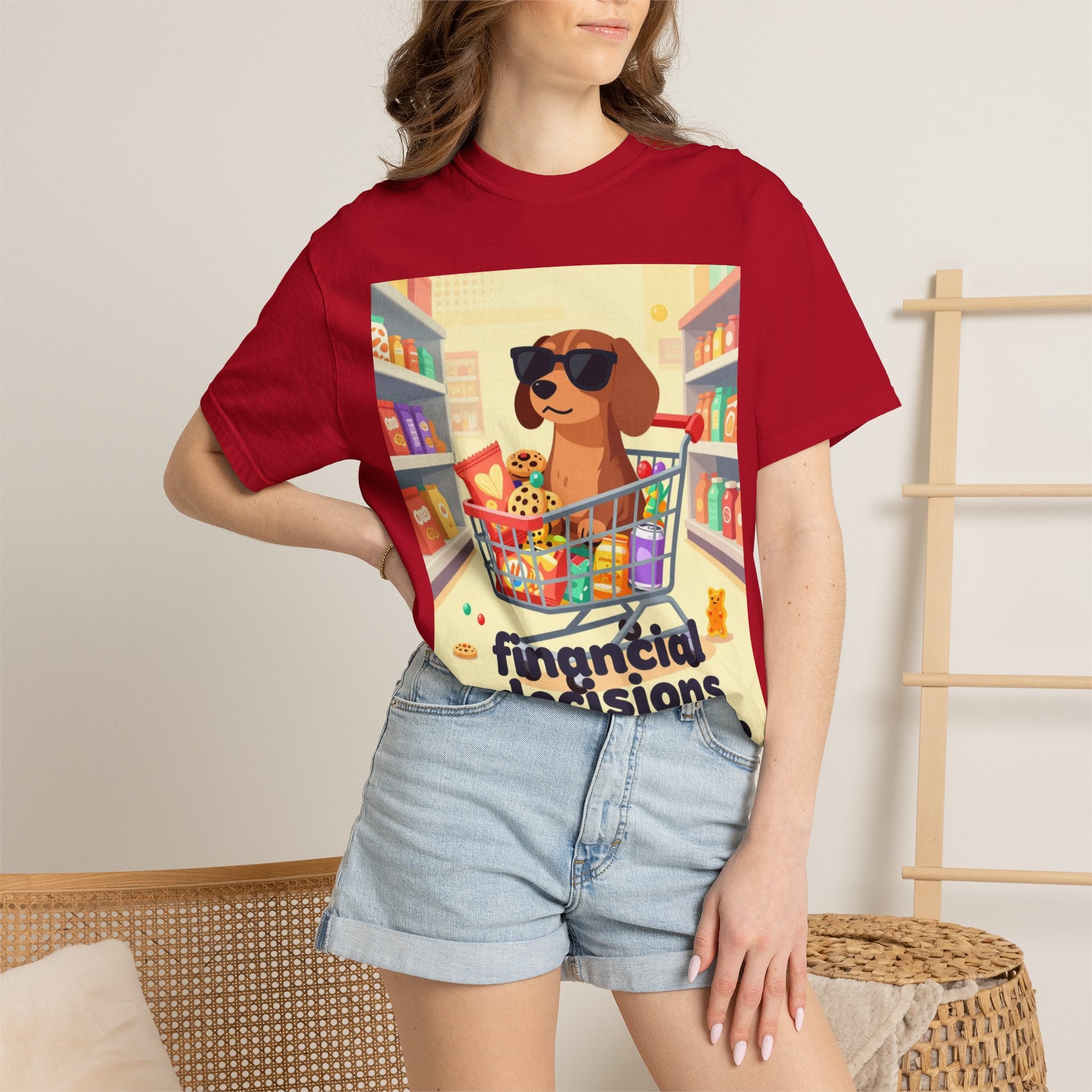 Dog with Shopping Cart T-Shirt — “Financial Decisions Were Made” Funny Graphic Tee