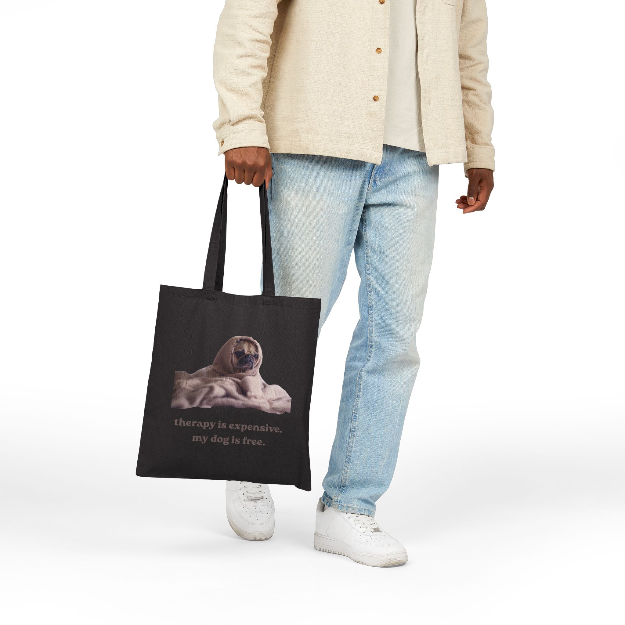 Pug Lover Tote Bag — "therapy is expensive. my dog is free." Cotton Canvas Tote