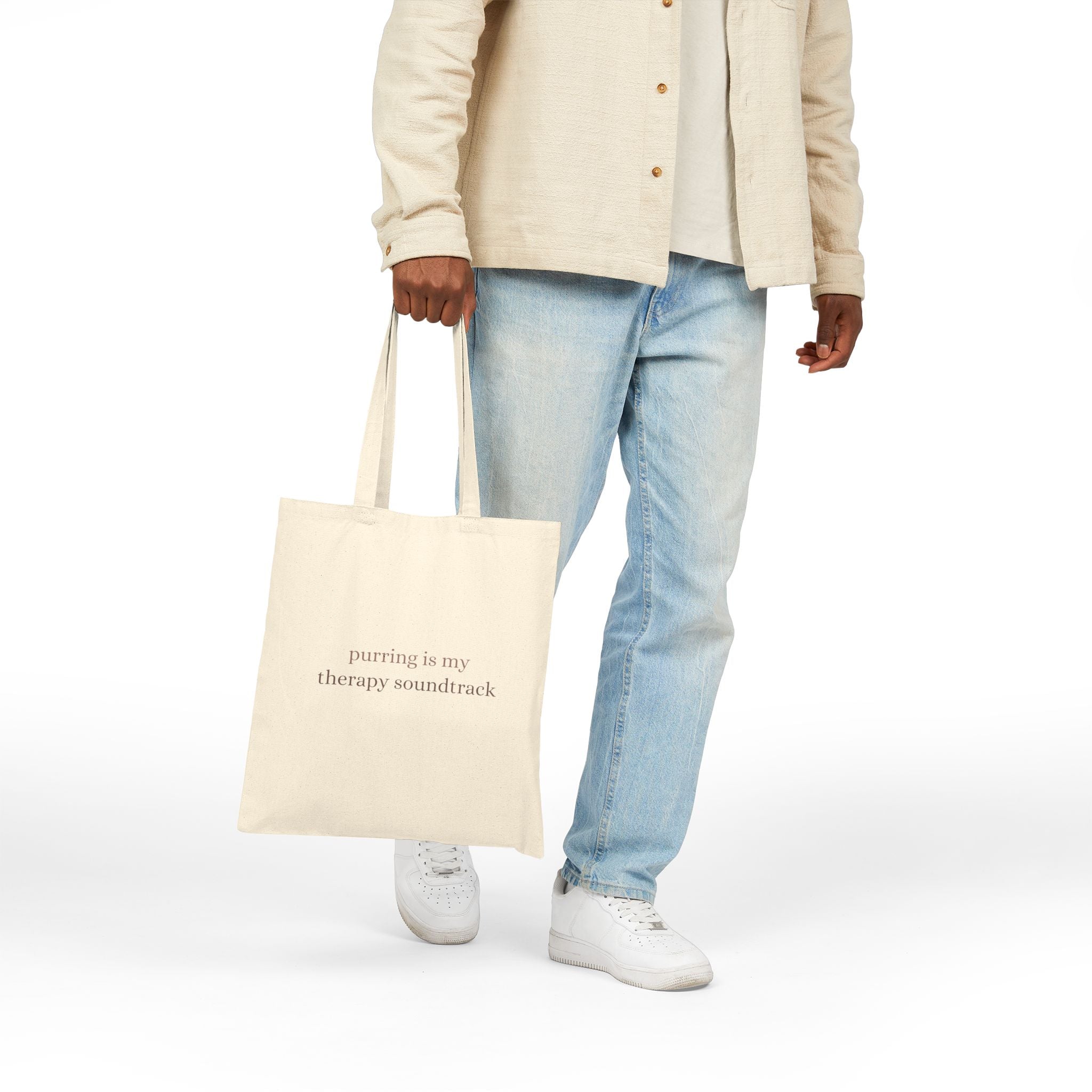 Tote Bag — “Purring Is My Therapy Soundtrack” Cotton Canvas Cat Lover Tote