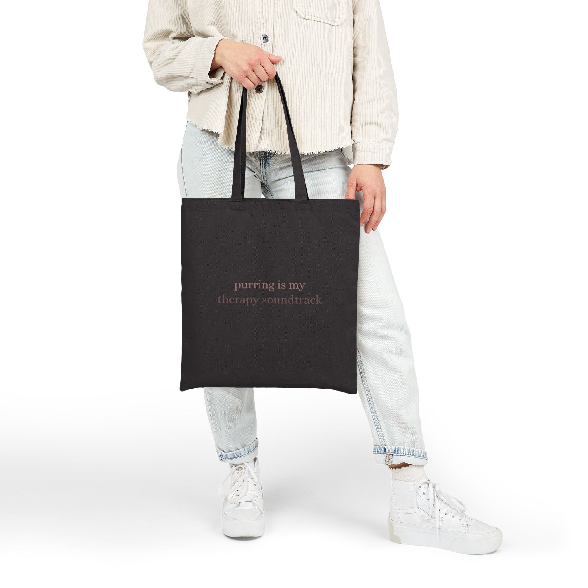 Tote Bag — “Purring Is My Therapy Soundtrack” Cotton Canvas Cat Lover Tote