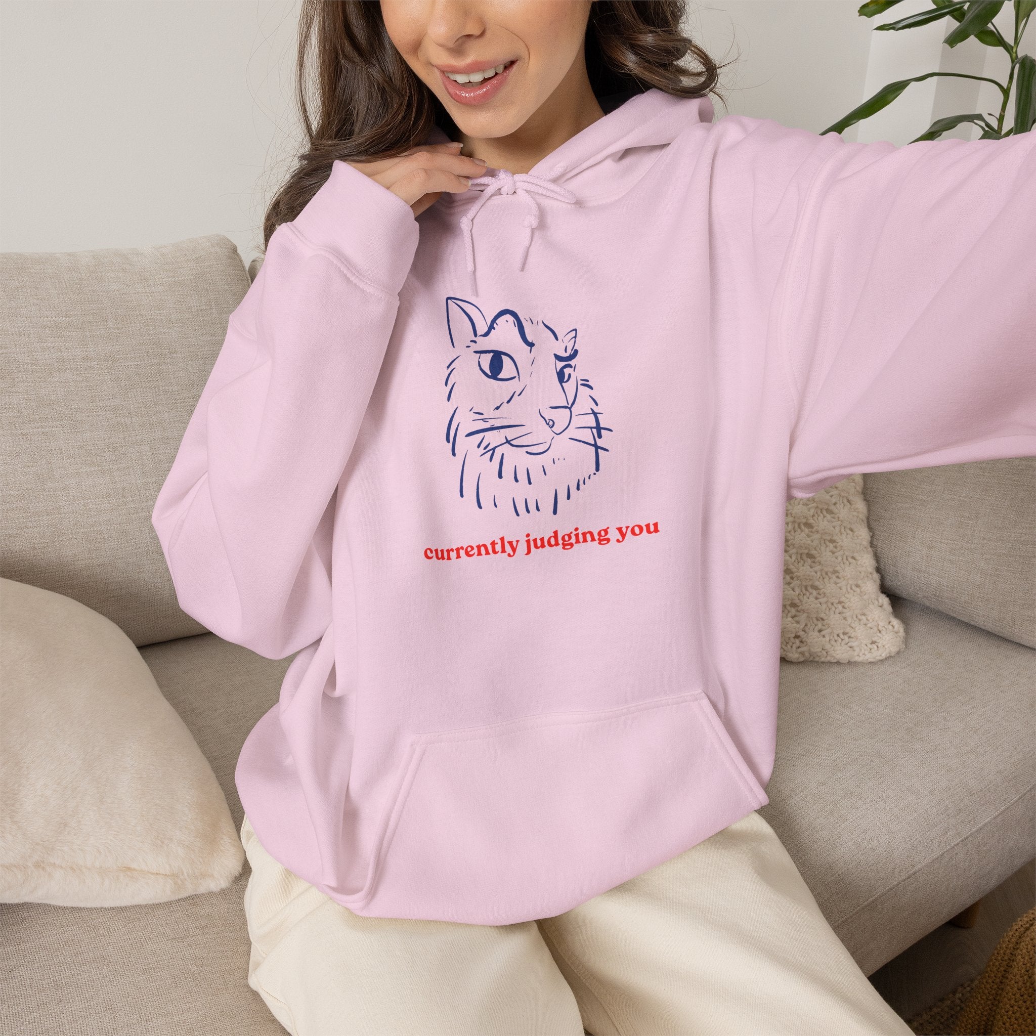 Cat Illustration Hoodie — "currently judging you" Minimal Graphic Sweatshirt