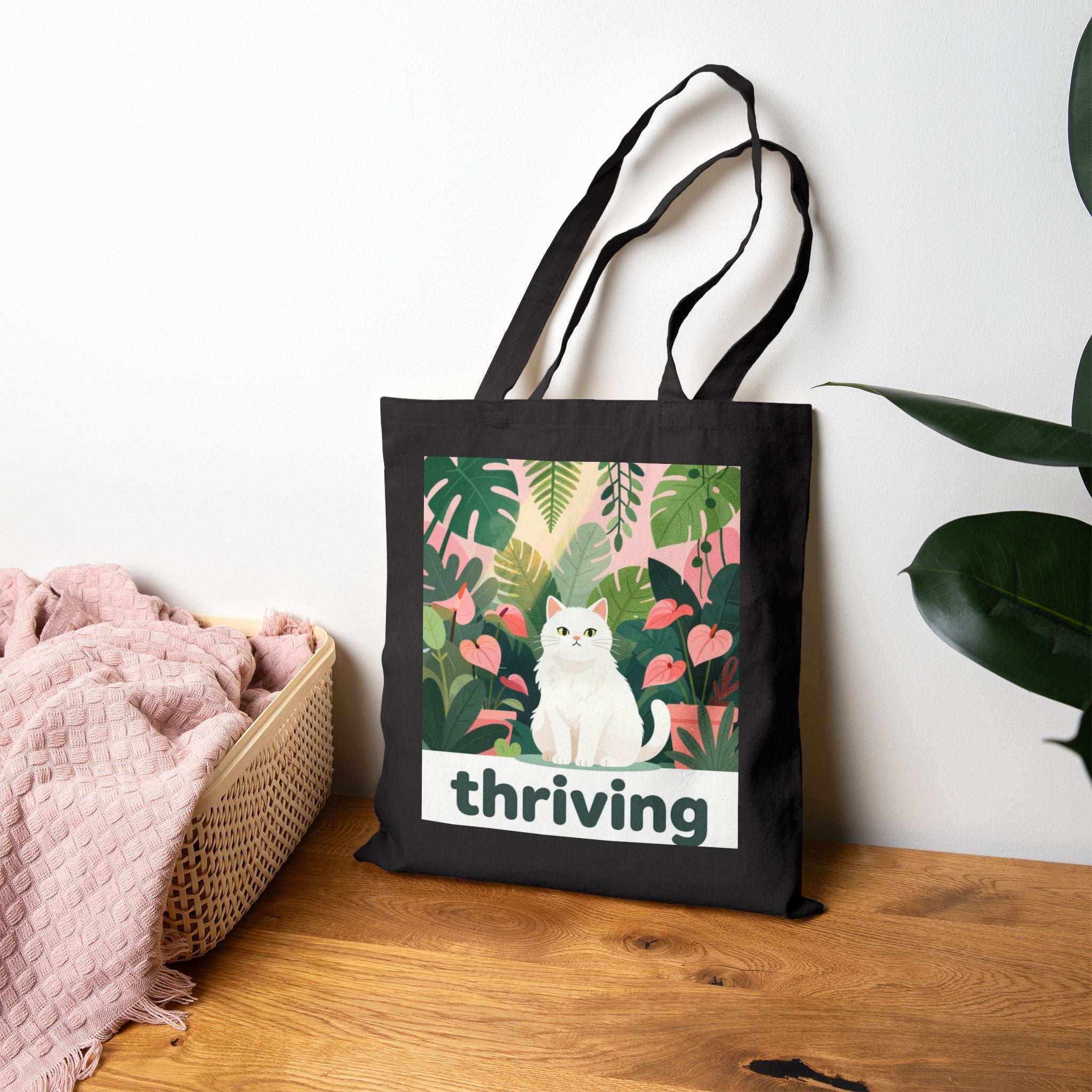 Tote Bag — 'Thriving' Cat in Tropical Garden Canvas Tote