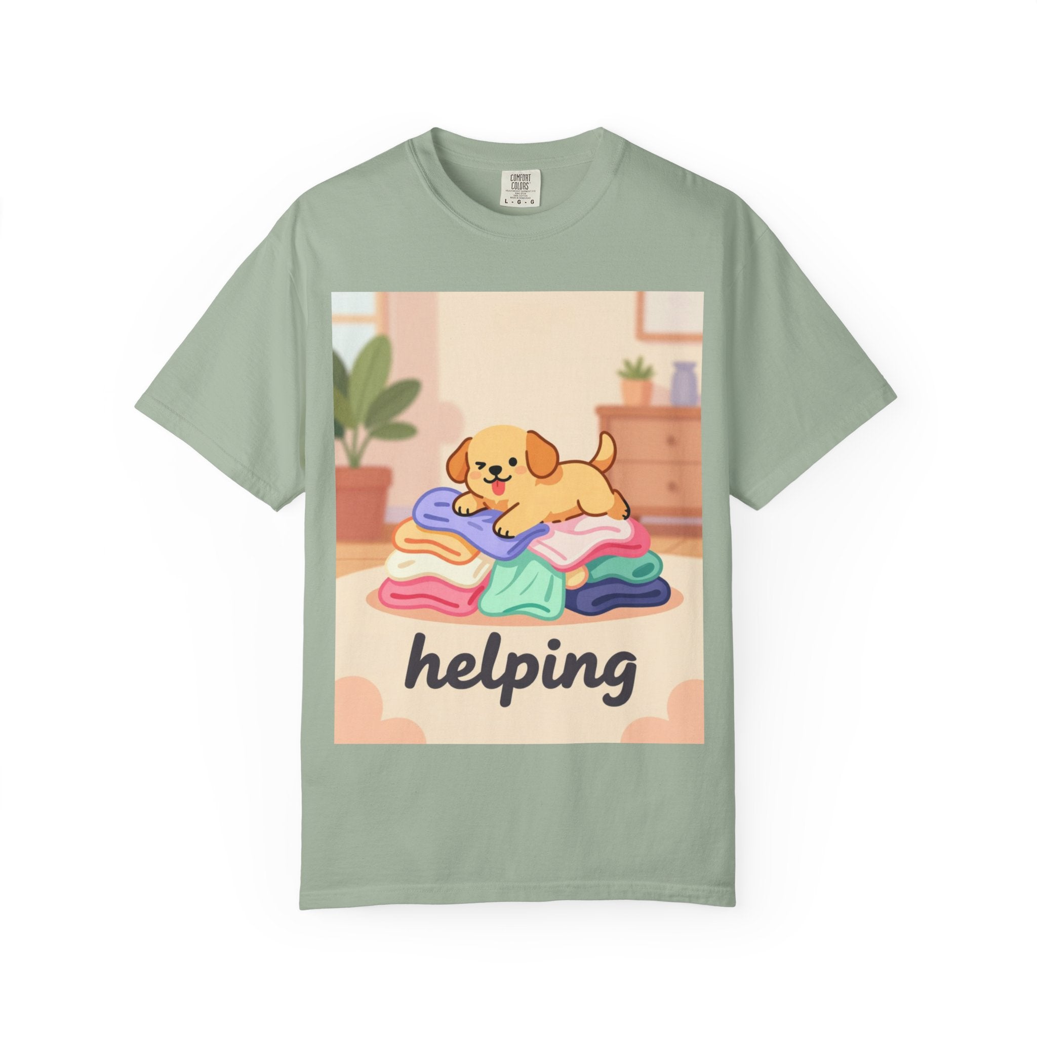 Helping Puppy T-Shirt — Cute Dog on Laundry Graphic Tee