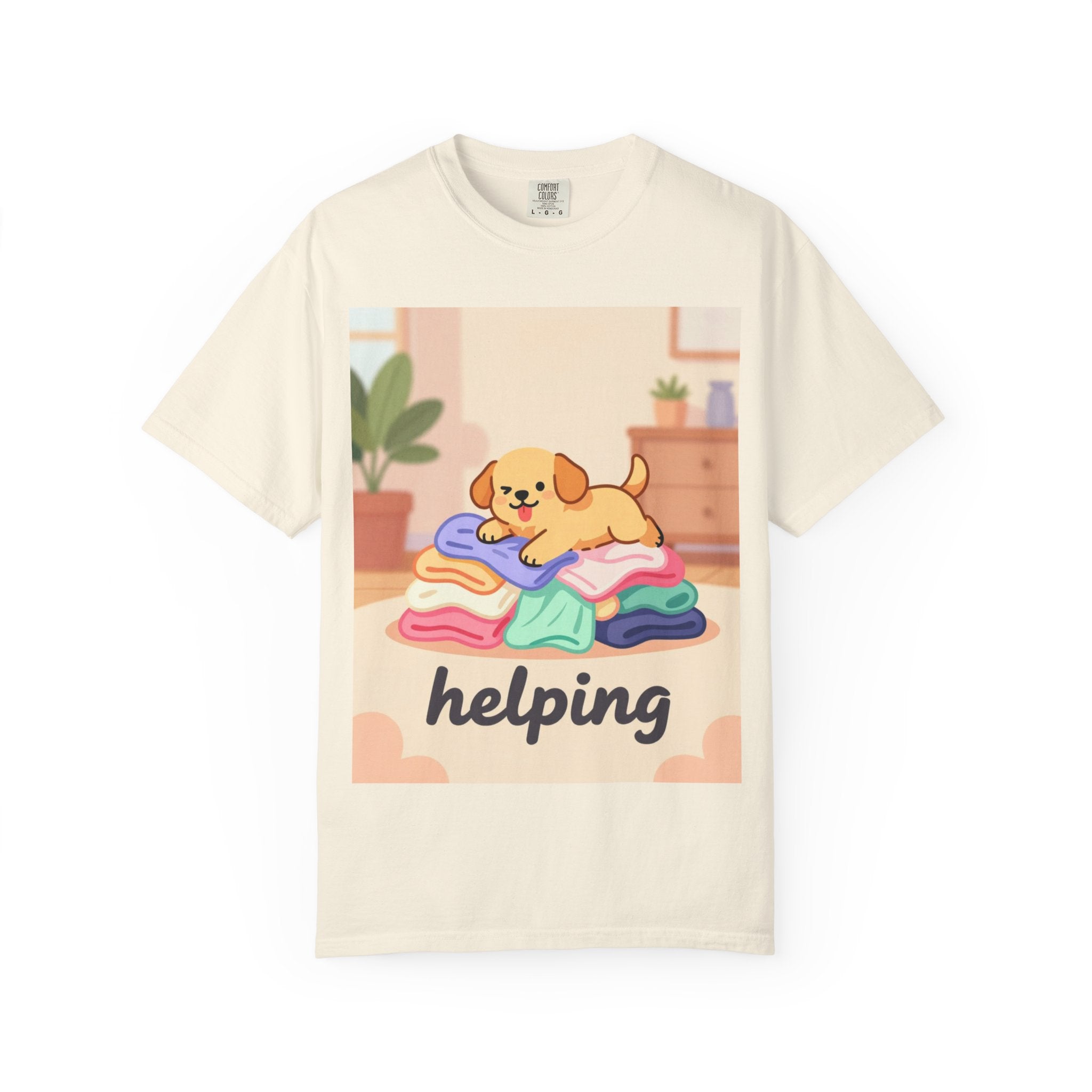 Helping Puppy T-Shirt — Cute Dog on Laundry Graphic Tee