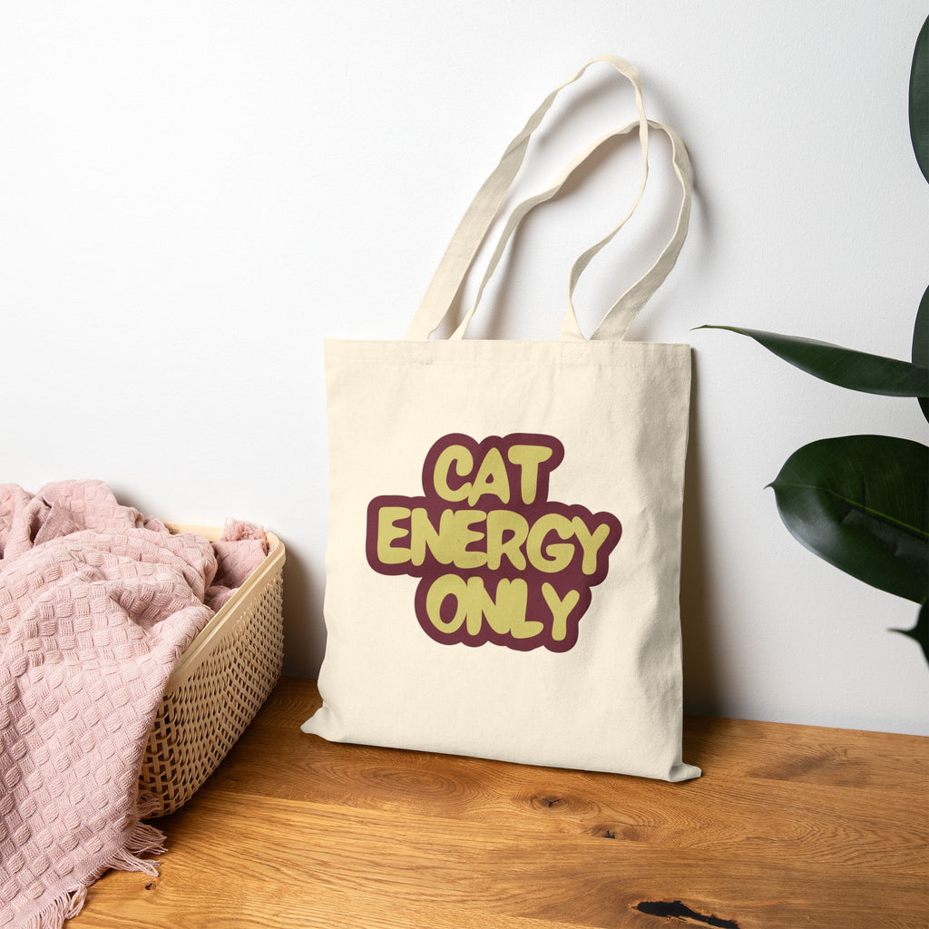 "Cat Energy Only" Cotton Canvas Tote Bag | Funny Cat Mom Gift, Reusable Everyday Bag for Cat Lovers