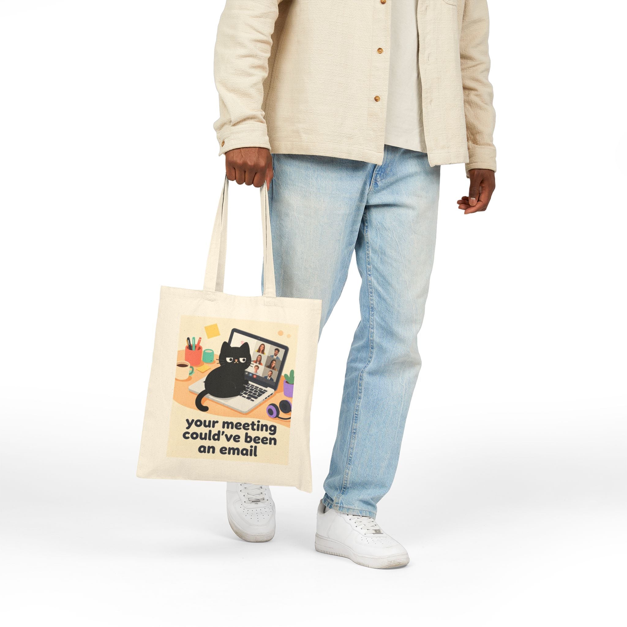 Tote Bag — "Your Meeting Could've Been an Email" Cute Black Cat Work Humor Canvas Tote
