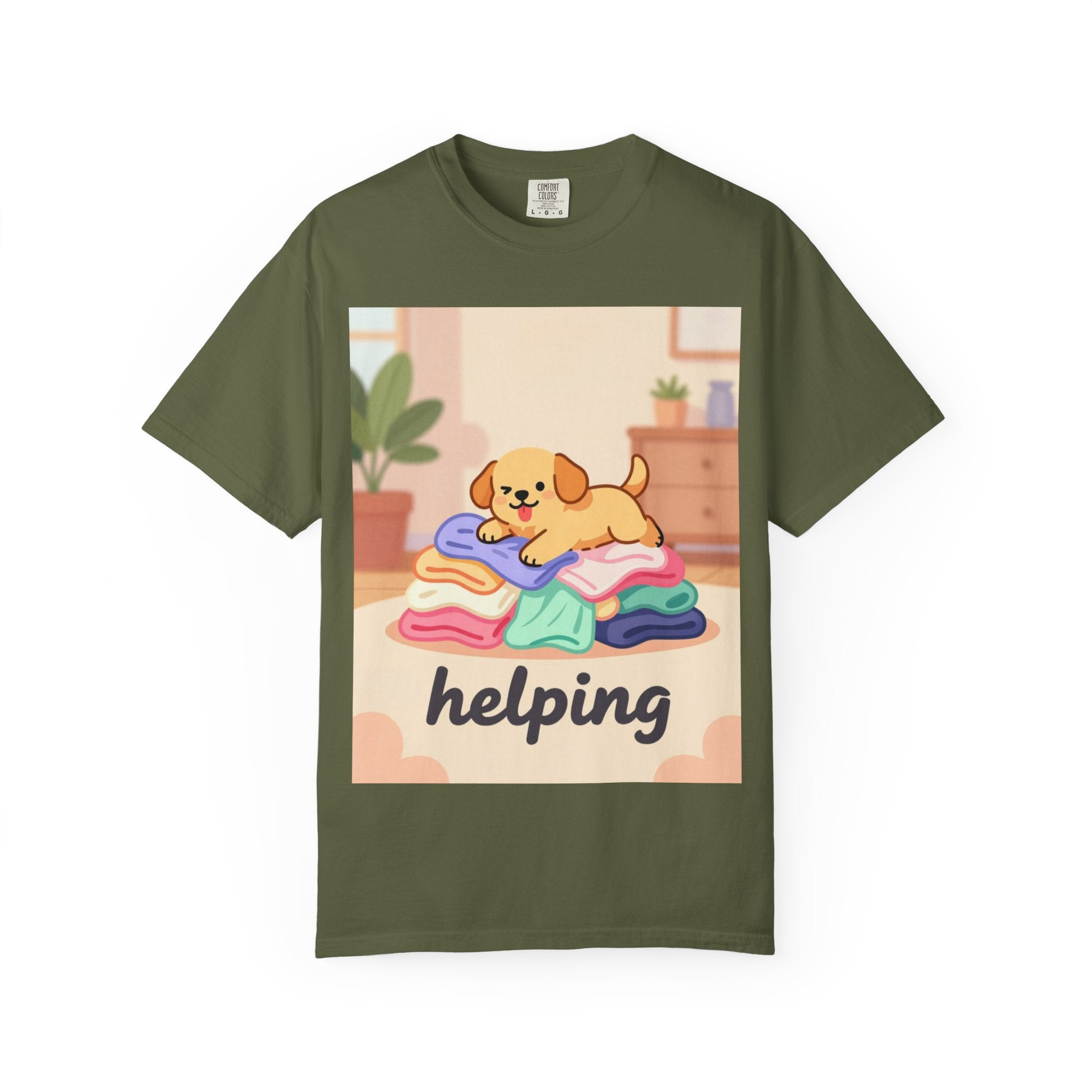 Helping Puppy T-Shirt — Cute Dog on Laundry Graphic Tee