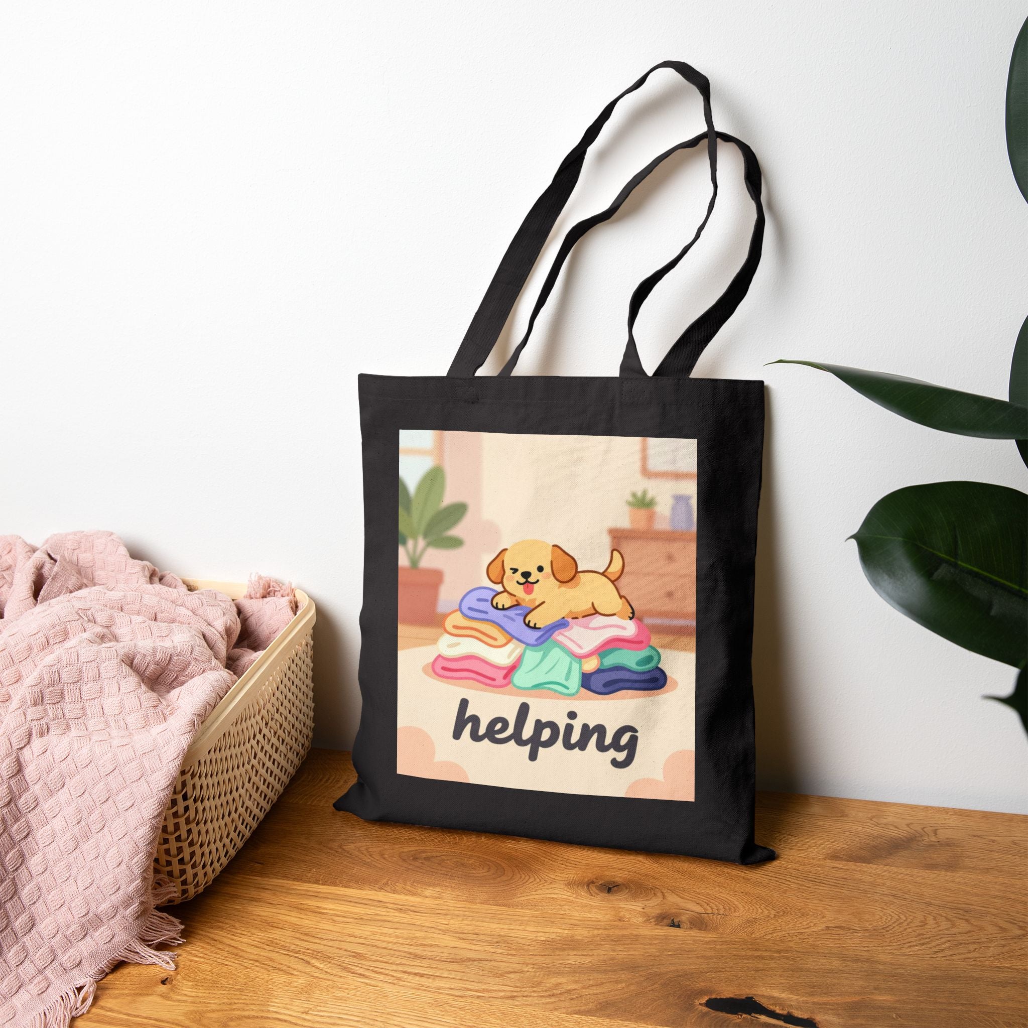 Tote Bag — Cute Dog 'helping' Laundry Canvas Tote