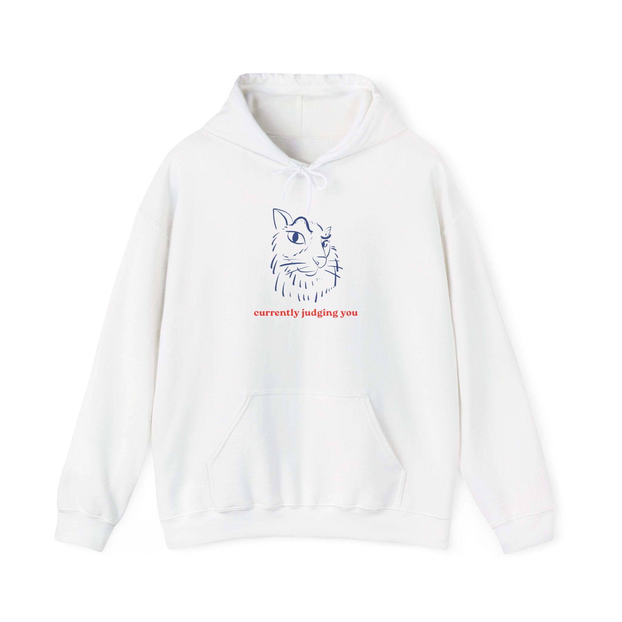 Cat Illustration Hoodie — "currently judging you" Minimal Graphic Sweatshirt