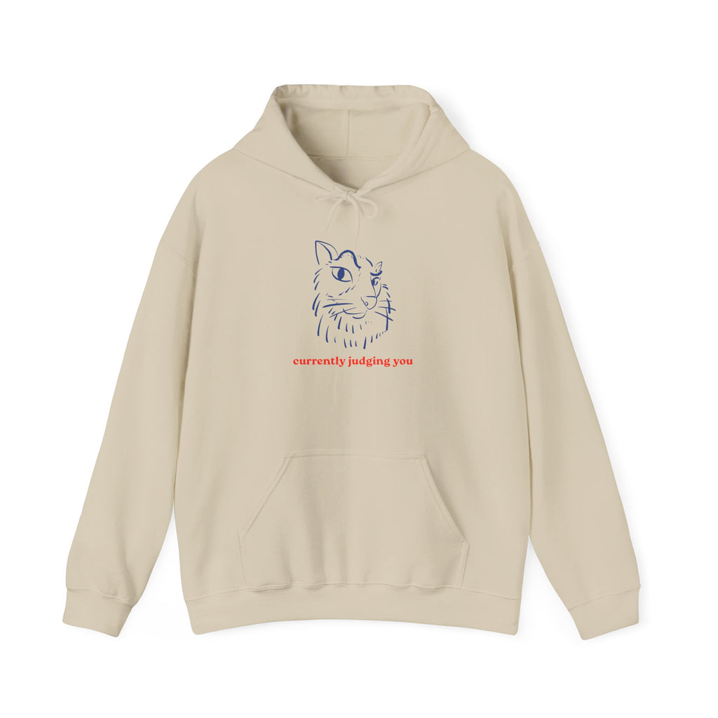 Cat Illustration Hoodie — "currently judging you" Minimal Graphic Sweatshirt