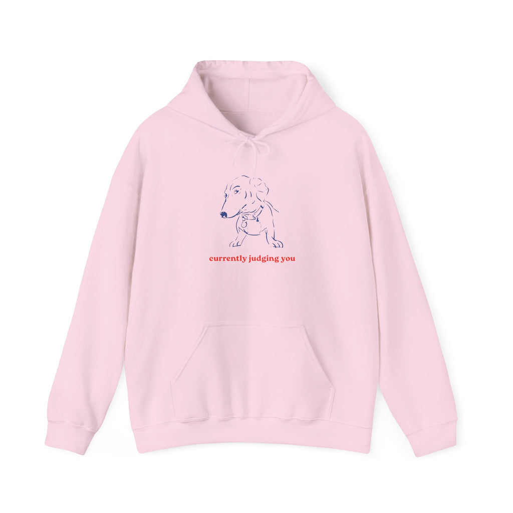 Hoodie — Minimal Line Dog Graphic "Currently Judging You"