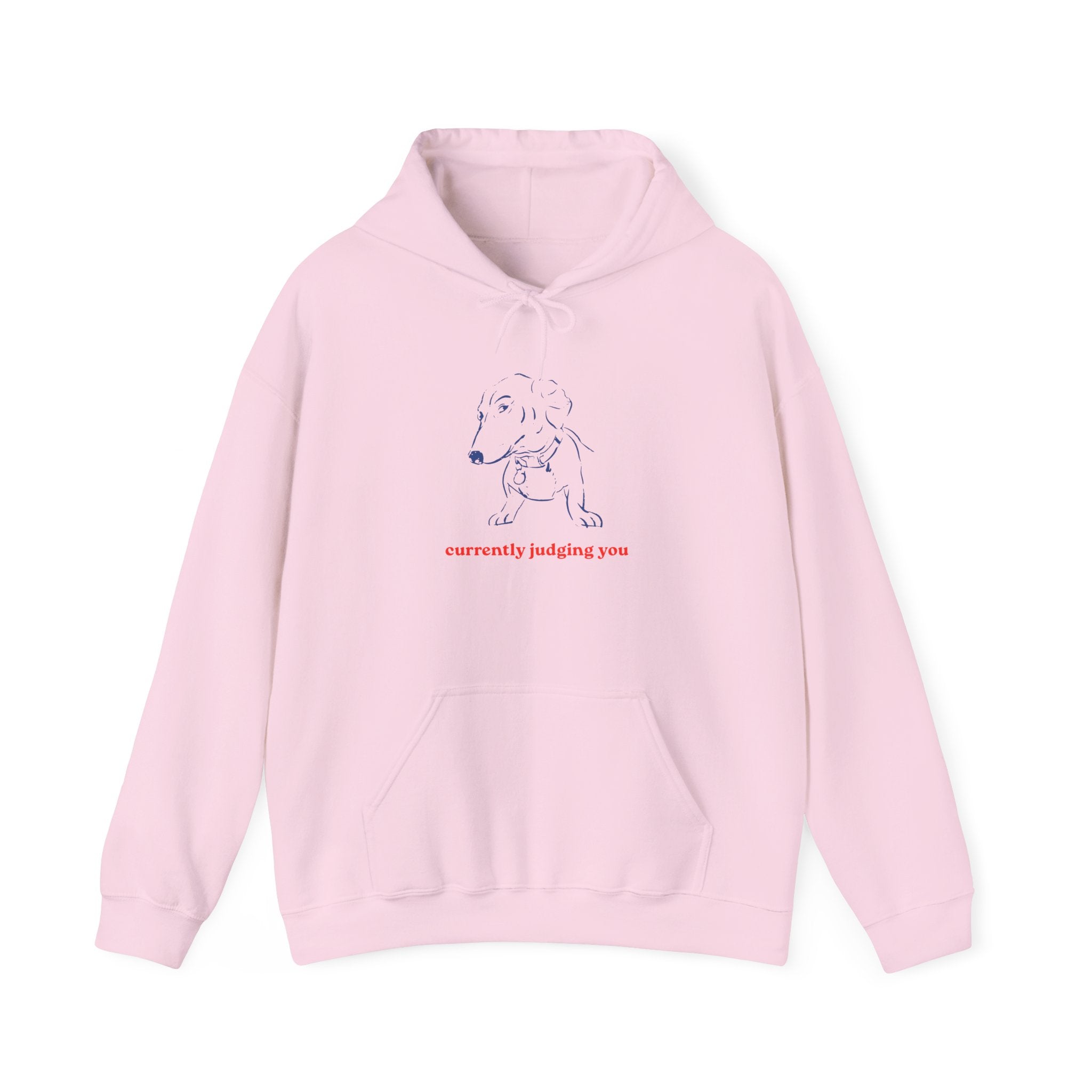 Hoodie — Minimal Line Dog Graphic "Currently Judging You"