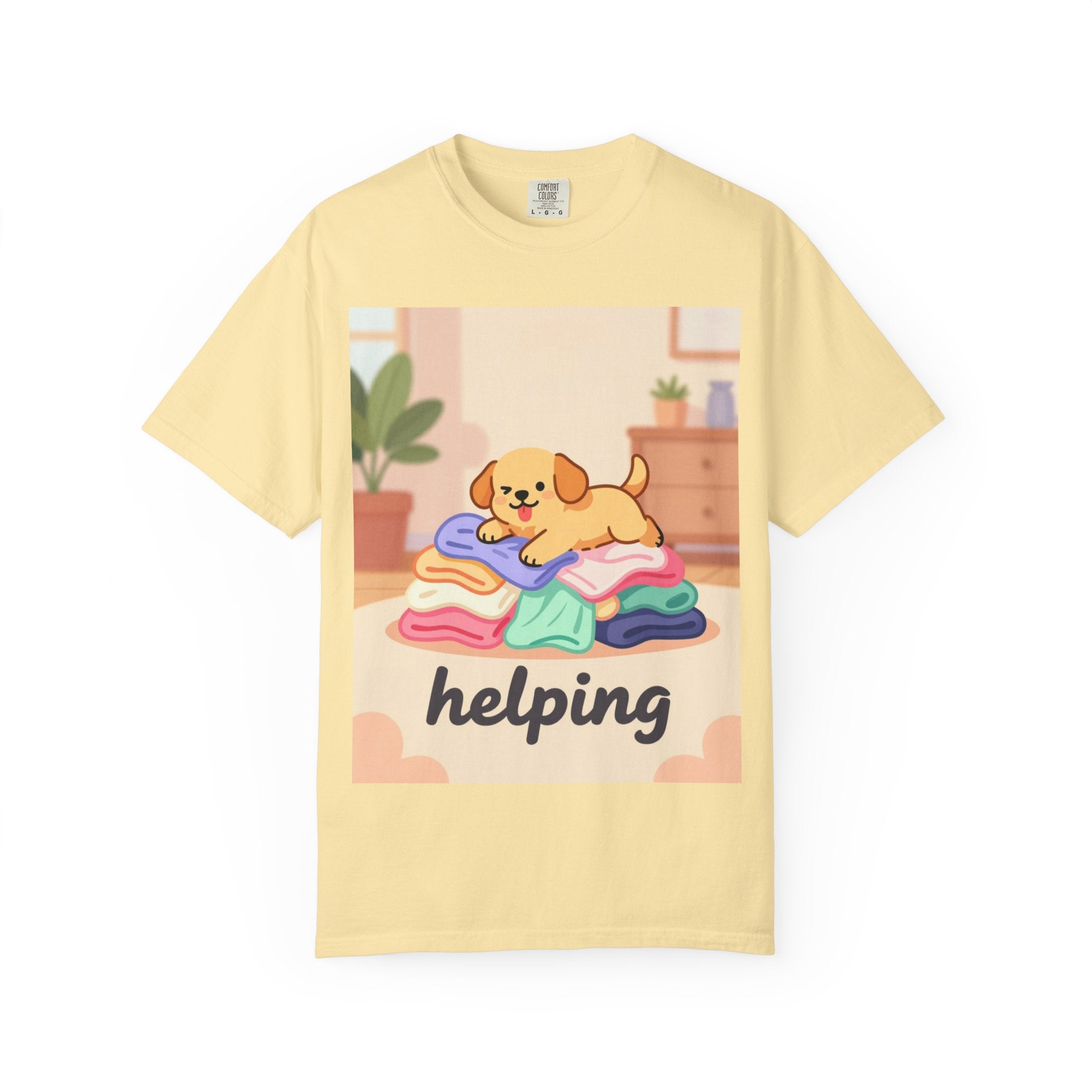 Helping Puppy T-Shirt — Cute Dog on Laundry Graphic Tee