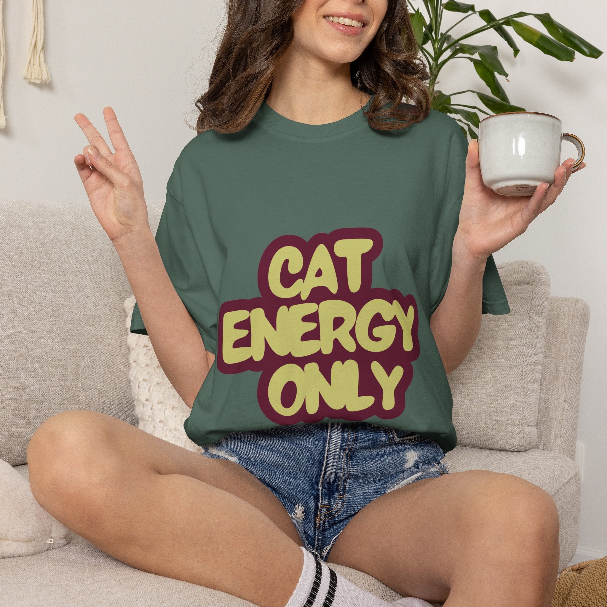 Cat Energy Only T-Shirt | Funny Retro Cat Lover Tee | Cozy Garment-Dyed Cat Mom Graphic Shirt