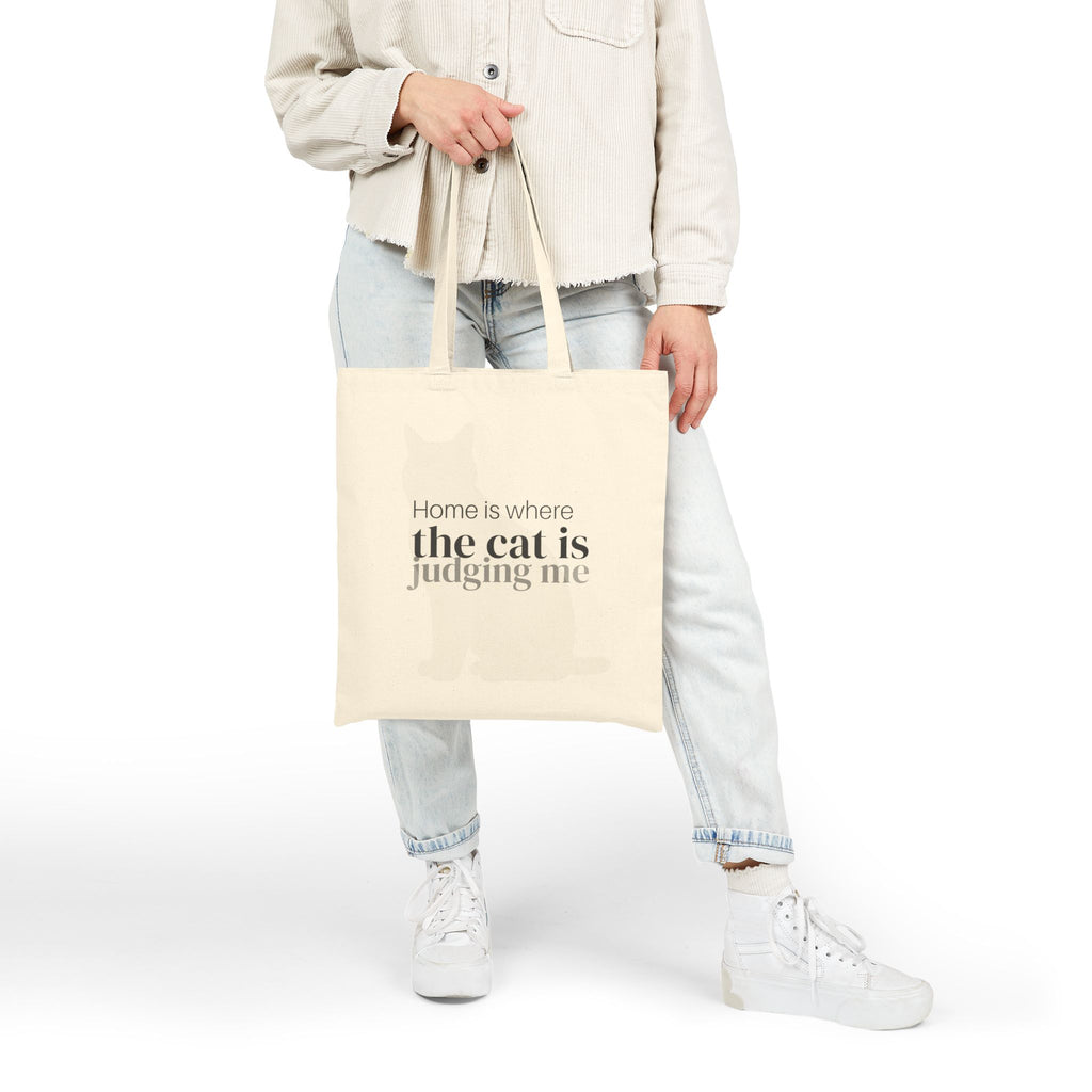 Tote Bag — "Home is where the cat is judging me" Canvas Grocery & Cat Lover Tote