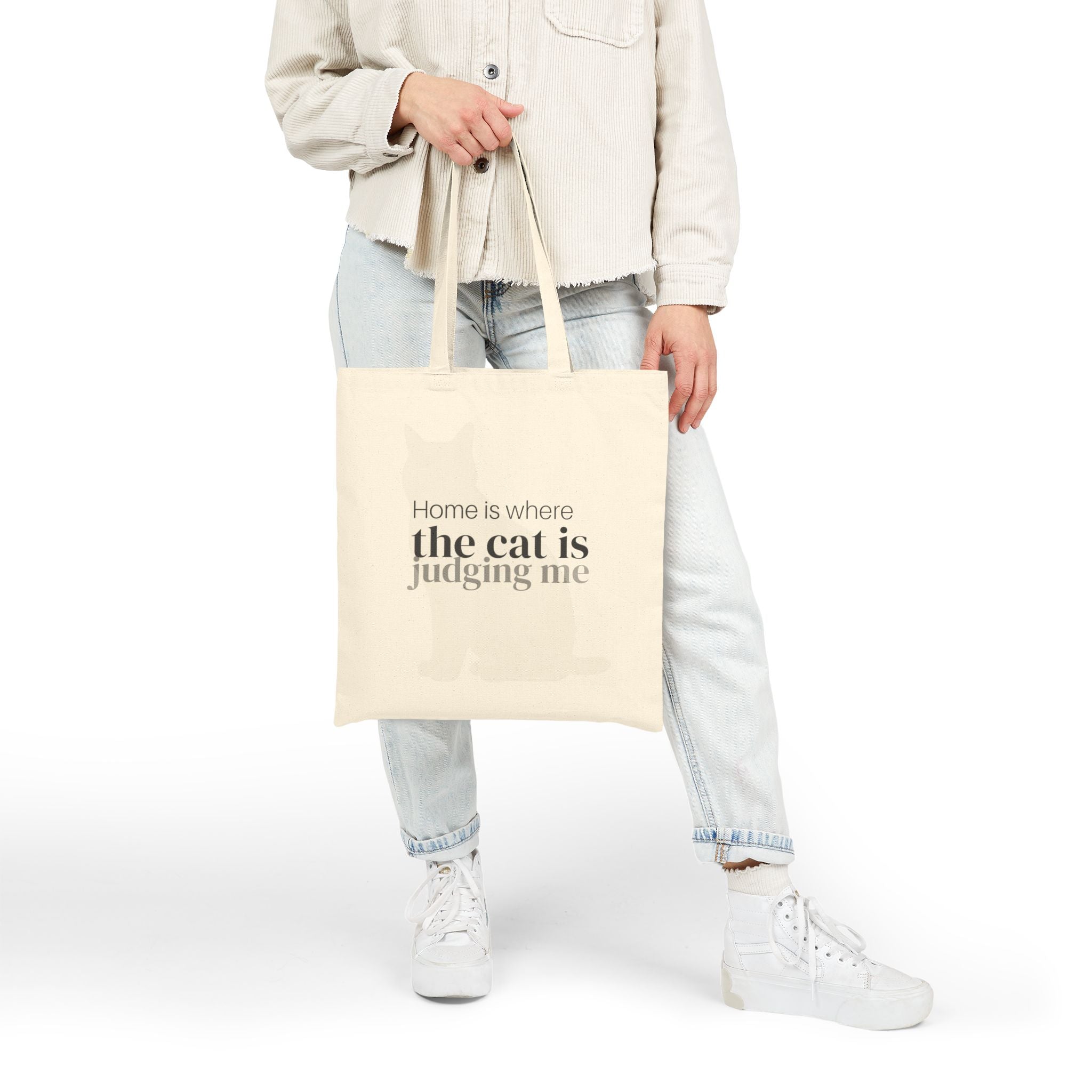 Tote Bag — "Home is where the cat is judging me" Canvas Grocery & Cat Lover Tote