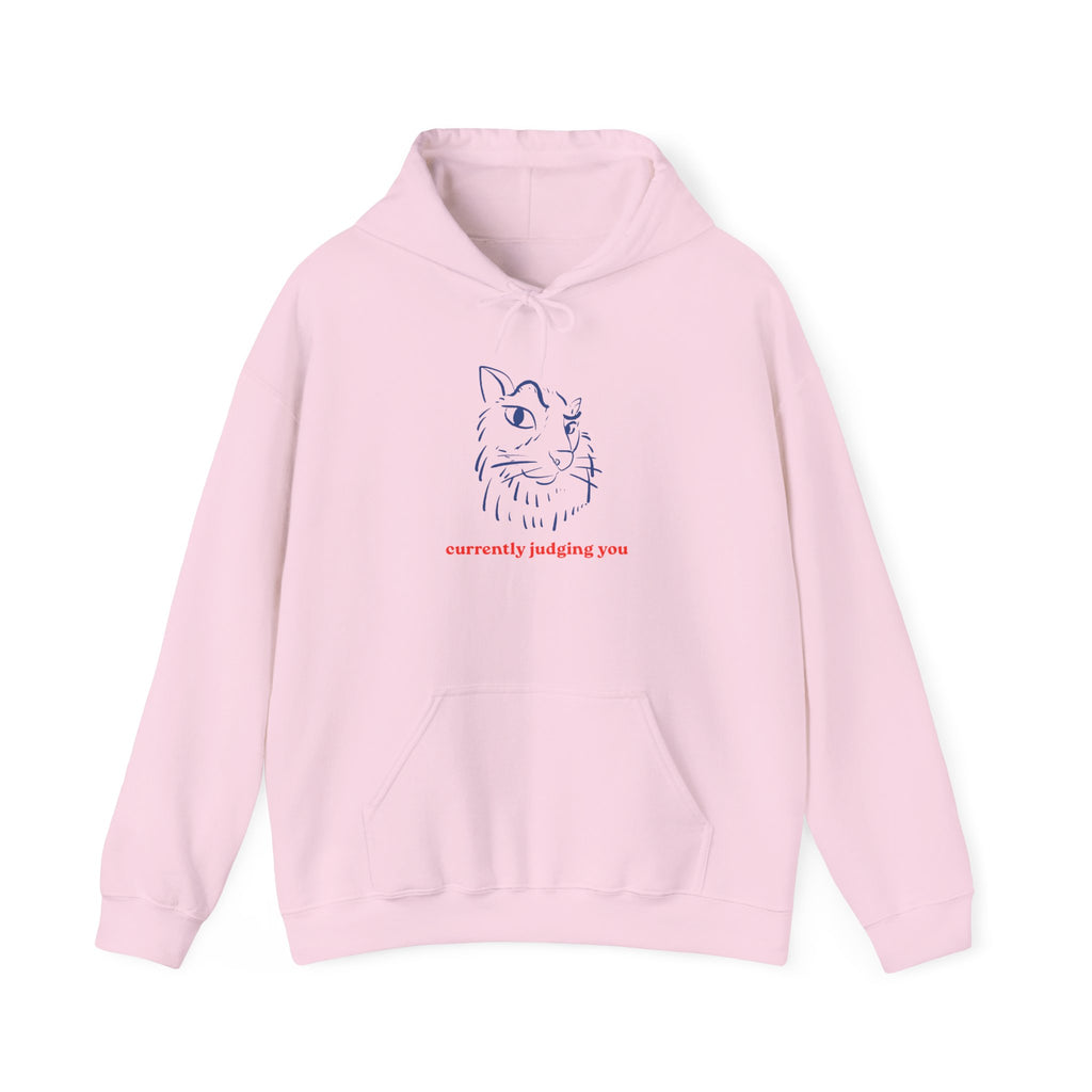 Cat Illustration Hoodie — "currently judging you" Minimal Graphic Sweatshirt