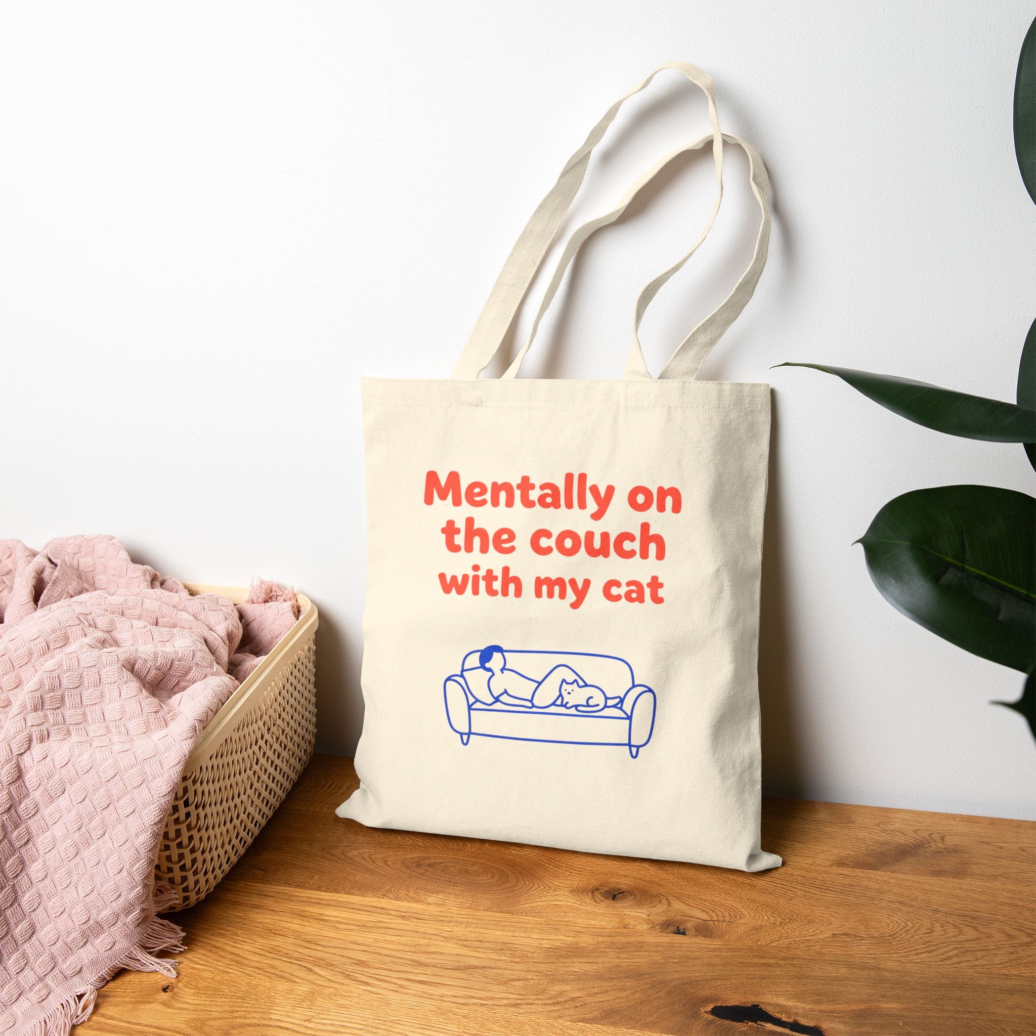 Cotton Tote Bag - "Mentally on the Couch with My Cat" Cute Cat Lover Canvas Tote