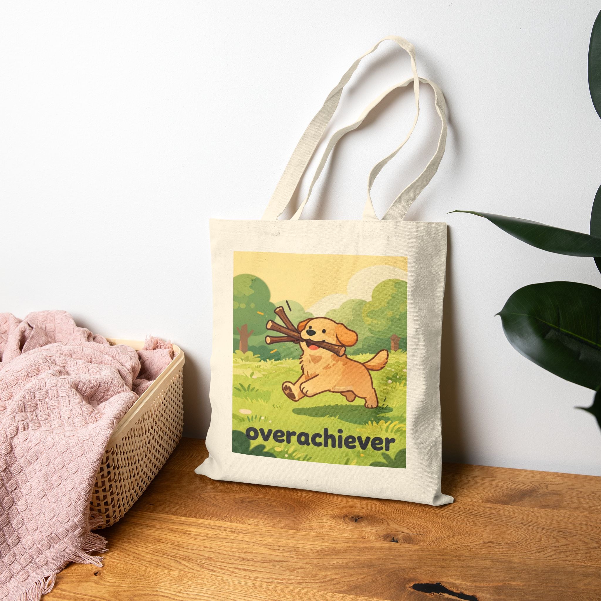 Canvas Tote Bag — 'Overachiever' Cute Golden Retriever Dog Print