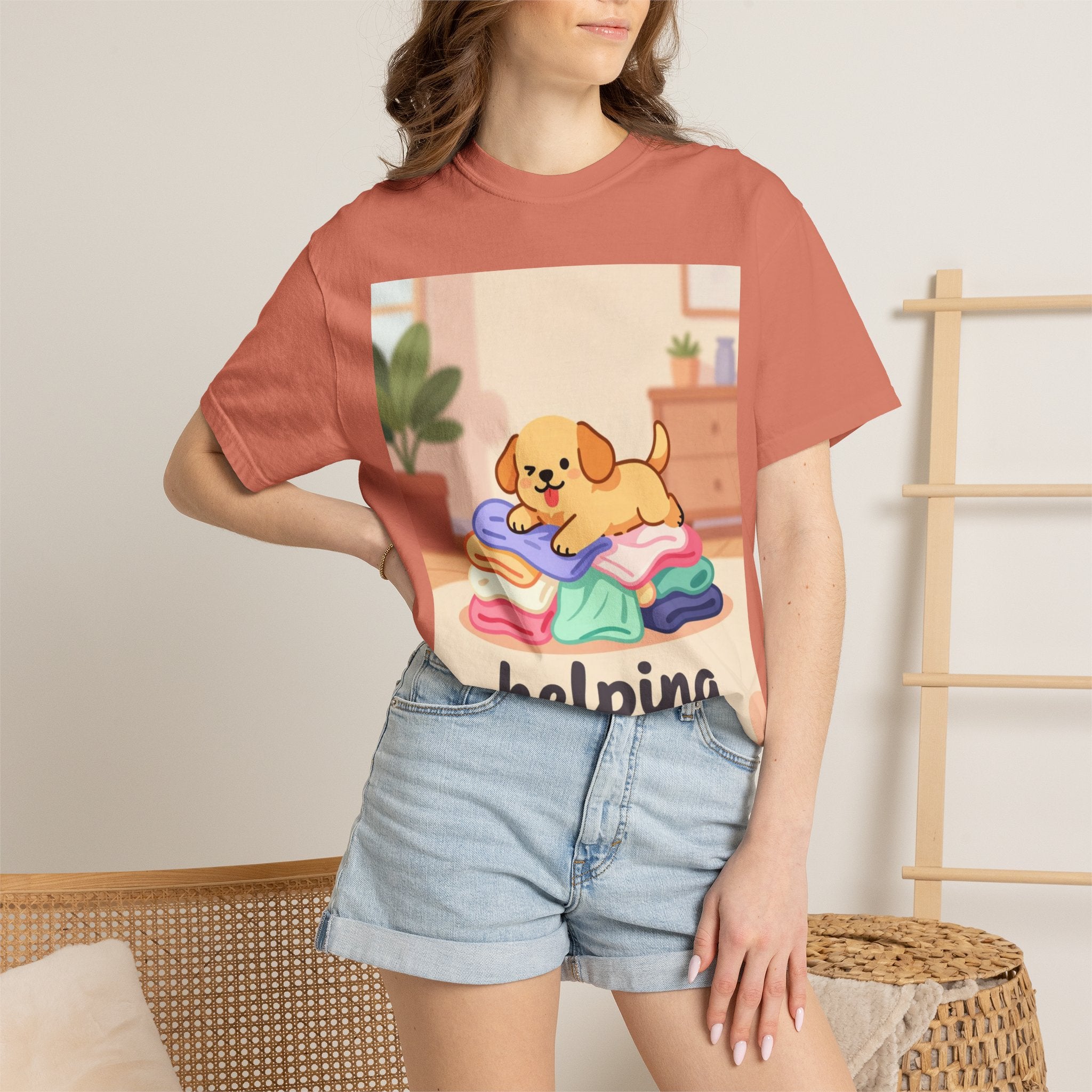 Helping Puppy T-Shirt — Cute Dog on Laundry Graphic Tee
