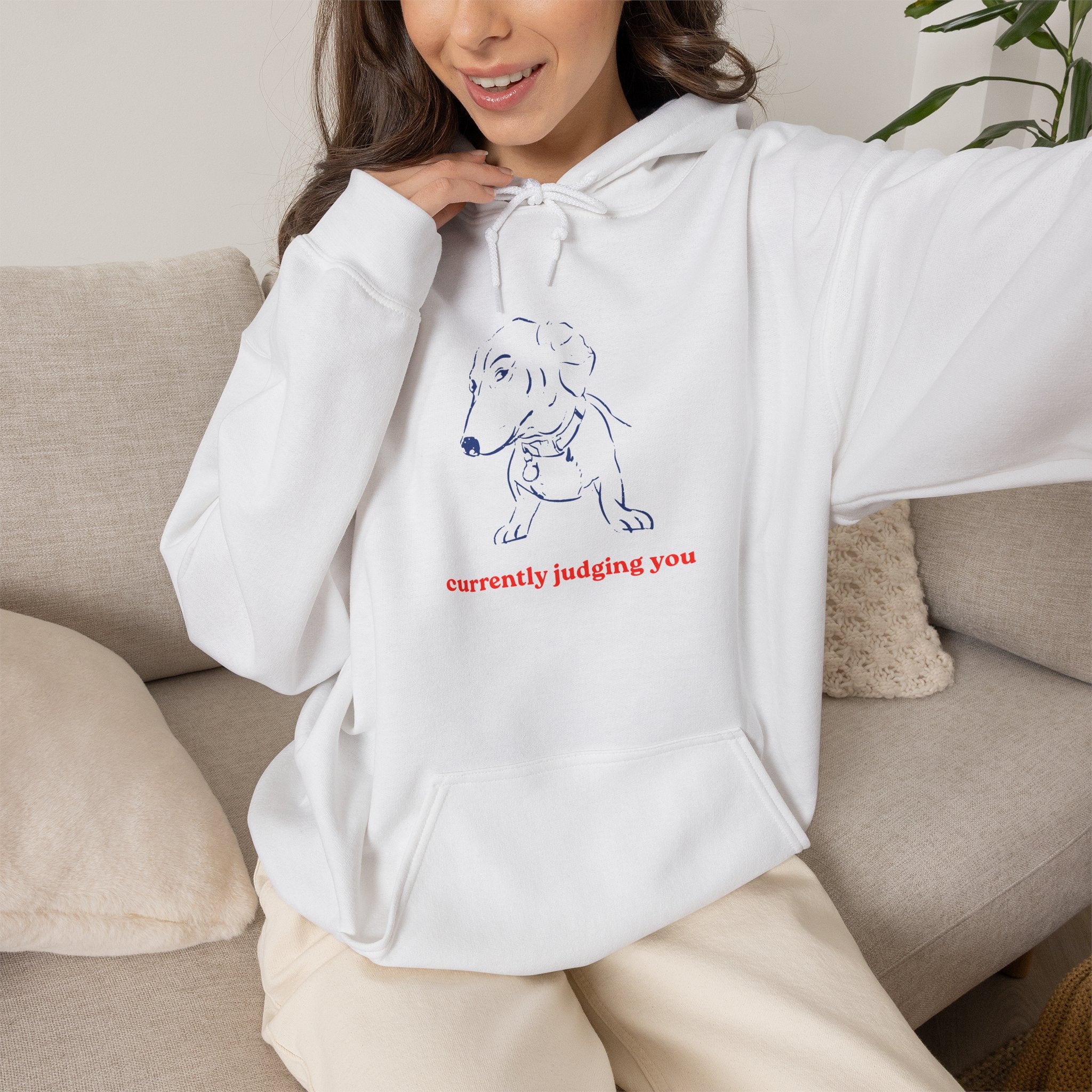 Hoodie — Minimal Line Dog Graphic "Currently Judging You"